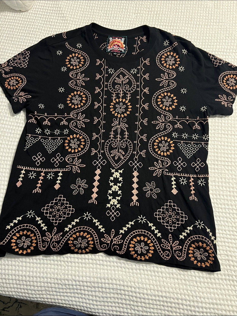 Johnny Was Black Short Sleeve Tee with Peach & Cream Embroidery Panel